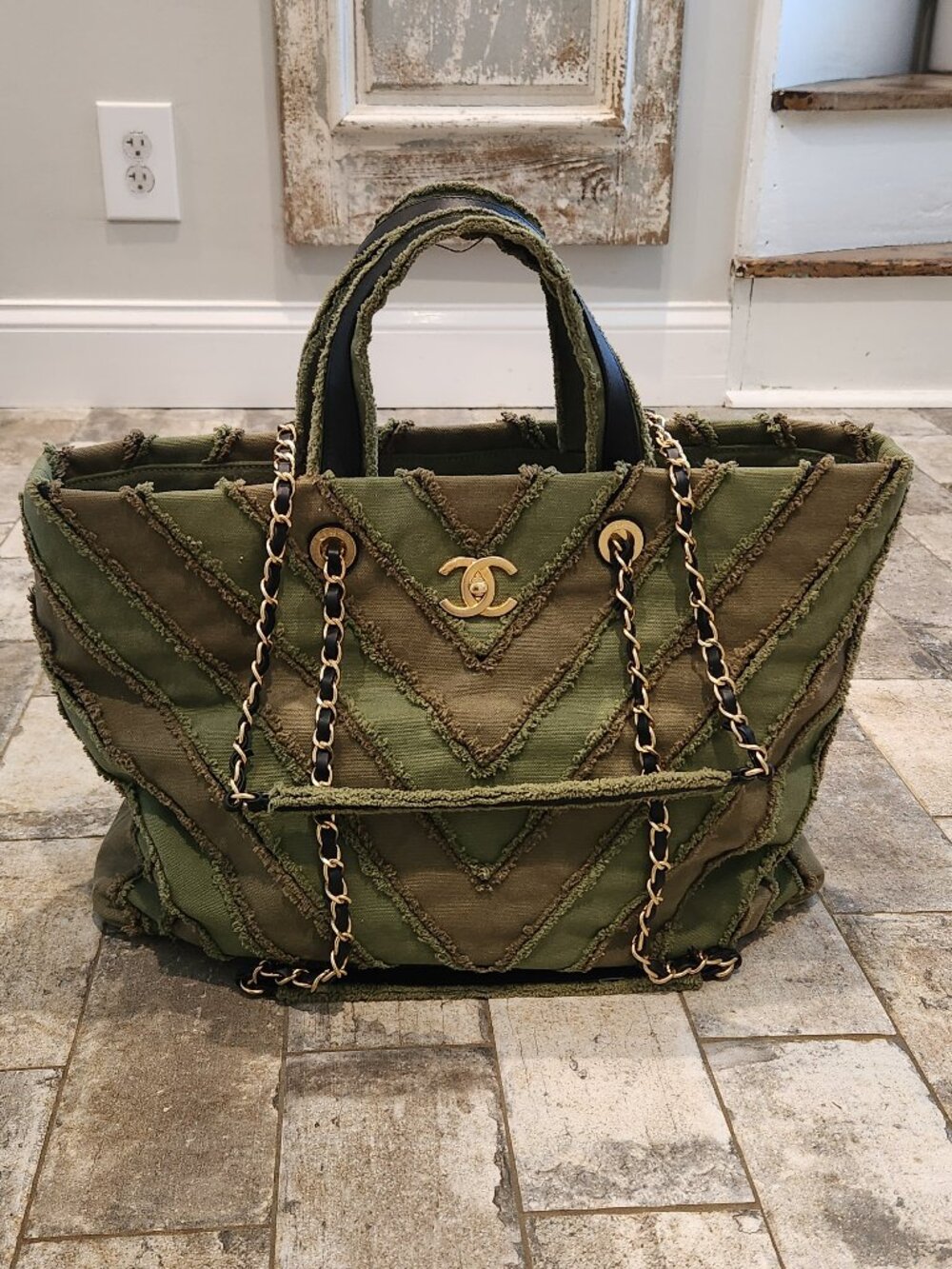Chanel Canvas Chevron Cuba Patchwork Shopper Tote Khaki
